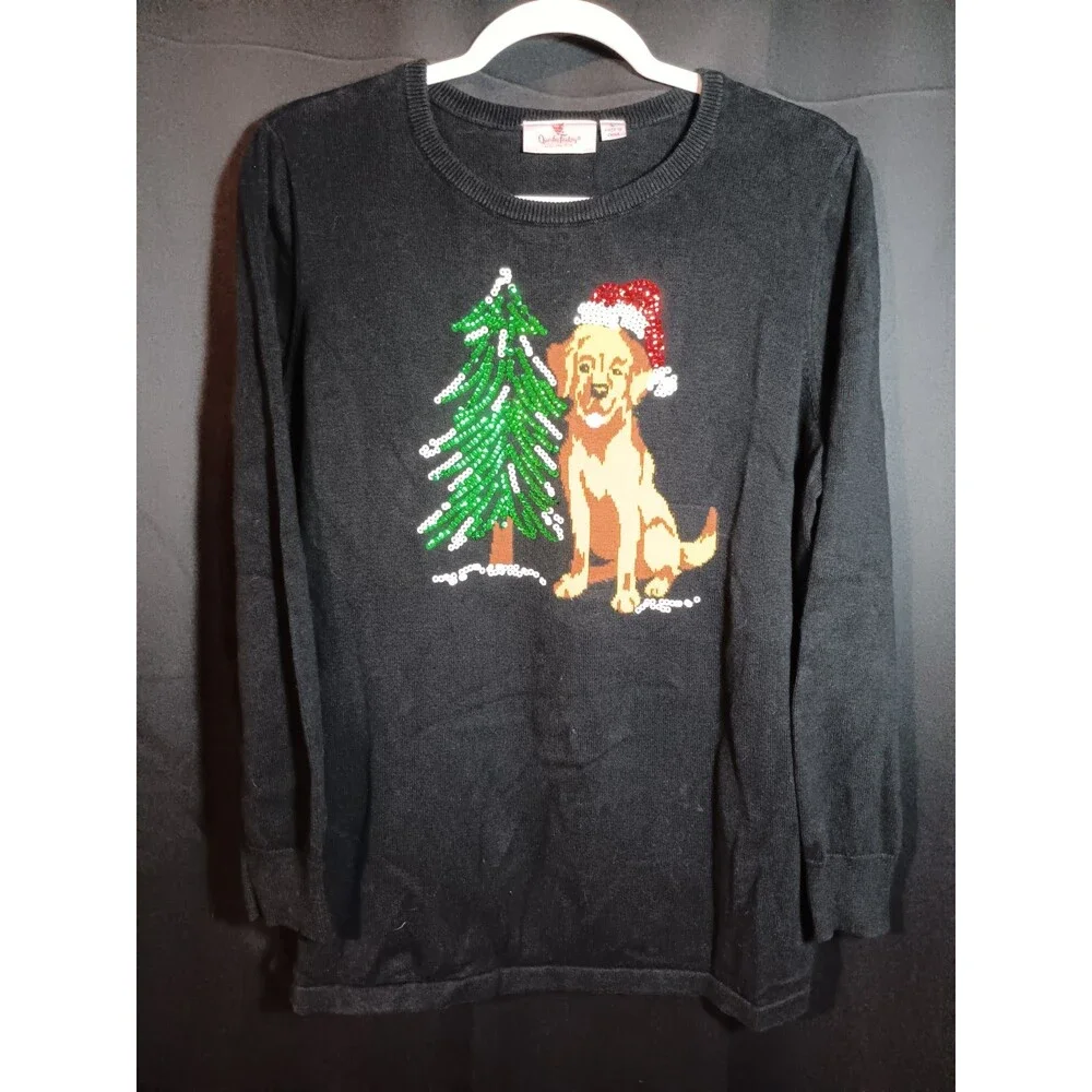 Quacker Factory Holiday Pets Black Sweater Golden Retriever Dog Large Crew Neck - Picture 2 of 5